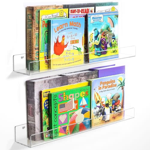 NIUBEE Acrylic Kids Bookshelves 24 inches, Floating Nursery Book Shelves for Wall, Storage and Display Shelves for Bedroom, Kids Room, Nursery, Playroom.(2-Packs)