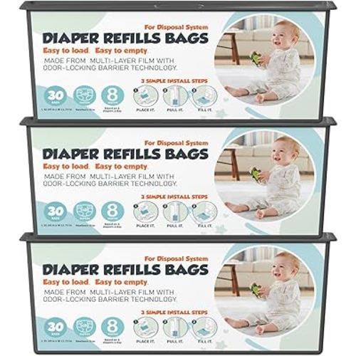 Diaper Pail Refills Bags with 30 Bags Compatible with Genie Easy Roll Signature and Platinum Diaper Pails, 7-Layer Odor-Barrier Technology, 3 Pack (90 Bag)