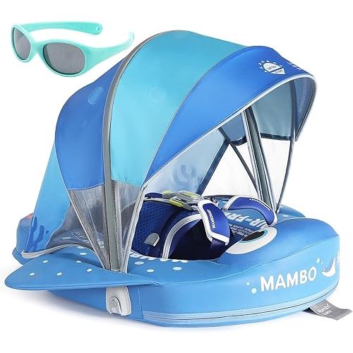 Mambobaby Float with Canopy and Tail New Upgraded Non-Inflatable Baby Pool Float Mambo Float Swim Trainer Solid Infant Swim Float Adjustable Pearl Foam Baby Swim Ring