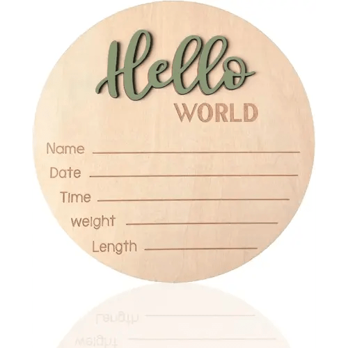 Baby Announcement Sign, ​5.9 Inch Wooden Hello World Newborn Signs, Birth Announcement Sign, Baby Shower Hospital Nursery for Newborn Boys and Girls (Forest Green)