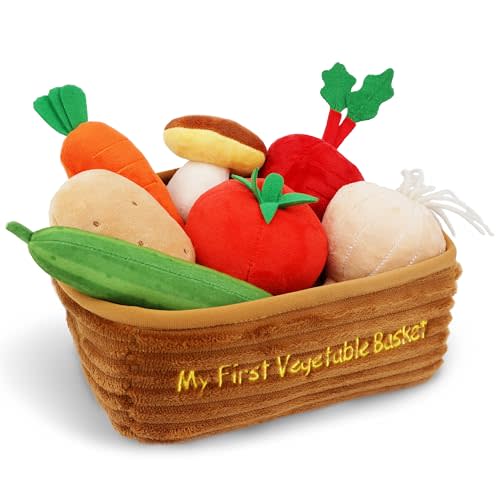 June Garden My First Vegetable Basket - 7 Pcs Plush Interactive Pretend Play Food Playset - Includes Basket Carrier, Cucumber, Carrot, Tomato, Potato, Mushroom, Radish and Garlic - Ages 2+