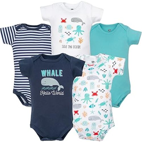 Hudson Baby Infant Boys Cotton Bodysuits 5-Pack, Sea Characters, 0-3 Months