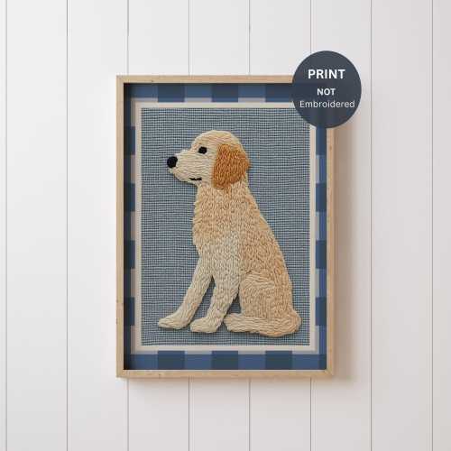 Embroidery Look Golden Retriever Print, Nursery Dog Illustration