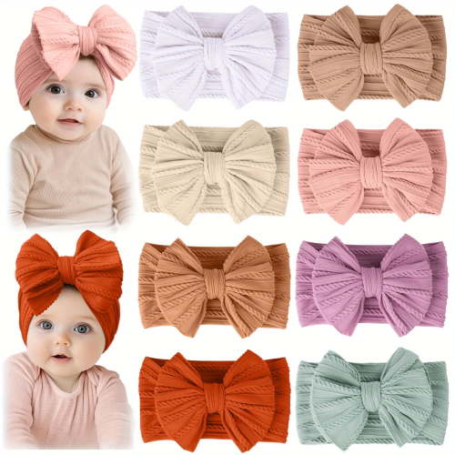 8 Pack Baby Headbands: Soft Nylon Elastic Hair Bows for Newborns, Infants & Toddlers | Daily Wear & Photoshoots