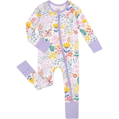 Teach Leanbh Unisex Baby Cotton Pajamas with Mittens and Feet Cuffs 2 Way Zipper Long Sleeve Romper Sleep and Play - Flower - 0-3 Months