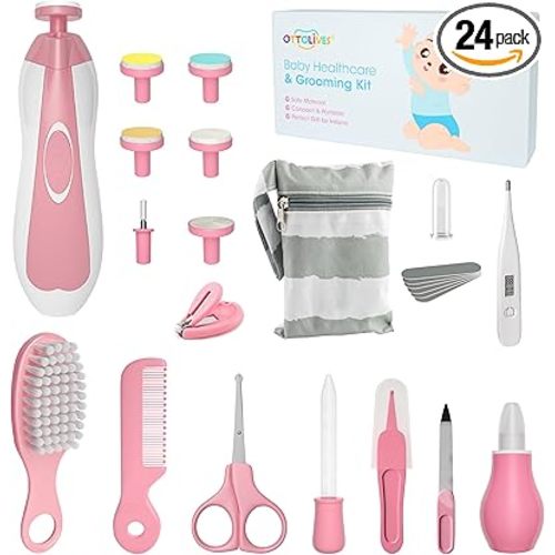 Baby Healthcare and Grooming Kit, 24 in 1 Baby Electric Nail Trimmer Set Newborn Nursery Health Care Set for Newborn Infant Toddlers Baby Boys Girls Kids Haircut Tools (0-3 Years+) (Pink)