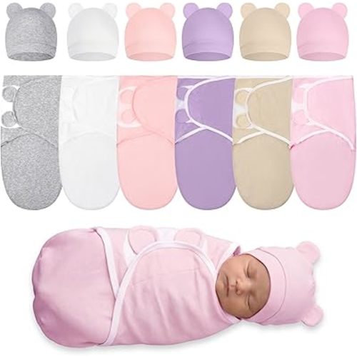 Ramede 6-Pack Preemie Baby Swaddle Blankets with Hats, Breathable 100% Cotton Baby Swaddles, Suitable for Preemie Babies and Newborns, Soft Cotton, Adjustable(Classic,Light Color)