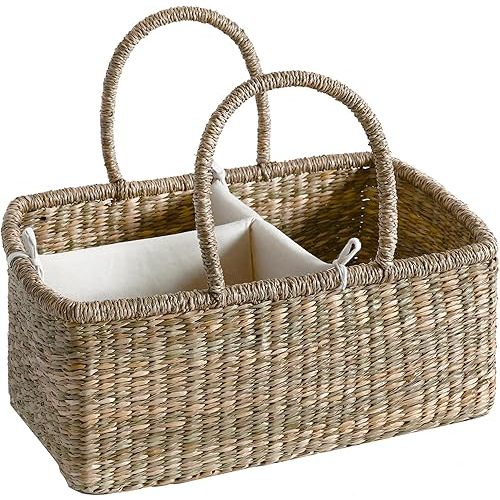 Premium Wicker Baby Diaper Caddy Organizer, Woven Seagrass Basket with Handles, Diaper Basket with Dividers (Rectangle)