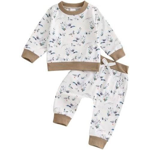 Toddler Baby Boy Hunting Outfit Mallard Duck Pocket Long Sleeve Tops Duck Print Pants Set 2Pcs Fall Winter Clothes