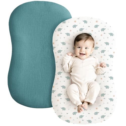 Konssy Muslin Baby Lounger Cover 2 Pack, 100% Cotton Newborn Lounger Cover, Soft and Breathable Lounger Cover for Boys Girls, Covers Only (Elephant,Teal)