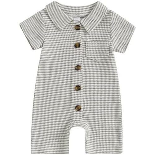 Baby Boy Stripe Romper Waffle Knit Short Sleeve Lapel Button Down Jumpsuit Bodysuit Newborn Summer Outfits
