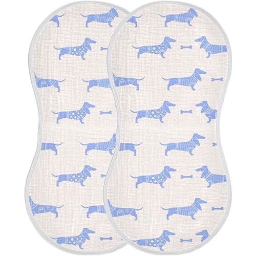Cute Dachshund Dog and Bone Pattern Muslin Burp Cloths for Baby 2 Pack 100% Cotton Baby Washcloths Bibs for Boy Girl