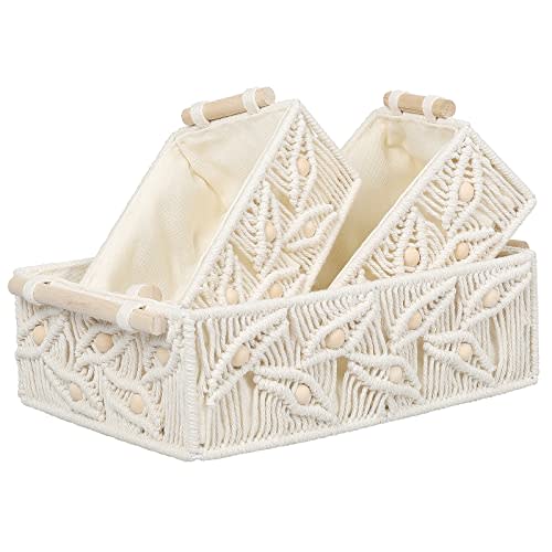 ANMINY Macrame Storage Baskets Set 3PCS Handmade Cotton Woven Decorative Boho Desk Storage Bins Boxes with Wood Handles Wooden Beads Towel Paper Clothes Large Shelf Laundry Organizer Container