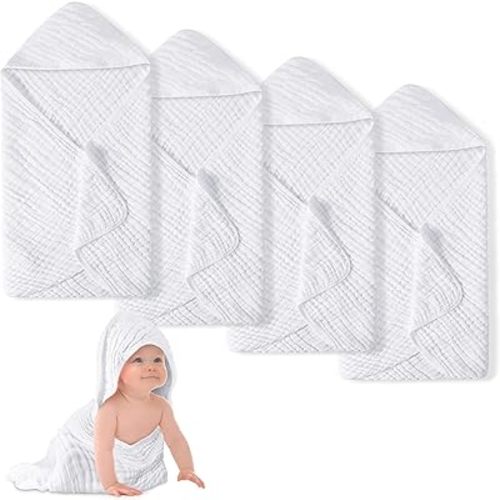 Chumia 4 Pieces Muslin Hooded Baby Towels for Newborn Girls Boys 32"x 32" Cotton Infant Bath Towel Absorbent Unisex Hooded Blankets for Babies Toddler, Newborn Registry Baby Gift (White)