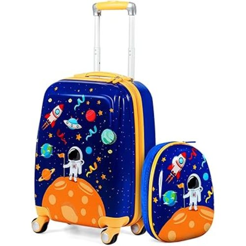 HONEY JOY Kids Luggage, 12" Toddler Backpack & 18" Travel Suitcase with Wheels, Lightweight Toddler Suitcase, Durable ABS Hardshell, 2Pcs Carry On Luggage Set for Boys Girls, Blue Astronaut