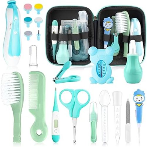 Baby Healthcare and Grooming Kit, 26 in 1 Portable Baby Safety Care Set with Hair Brush Comb Nasal Aspirator Electric Nail Trimmer Set Baby Essentials kit for Newborn Boys Girls (Green 26 in 1)