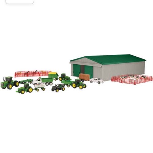 TOMY John Deere Die-Cast Farm Toy 70-Piece Value Playset with Machine Shed, Tractors, Trucks, Implements, and Farm Animals