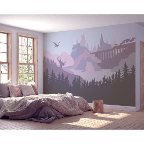 View on the Wizards' Castle in the Lavender and Blush - Self-adhesive Removable Mural, Decal, Wallpaper, Backdrop. Nursery design, custom