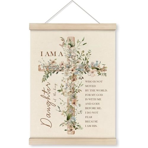 HRQKO I Am a Daughter of King Wall Art Poster Hanger Frame, Girls Nursery Decor, Christian Girl Wall Art with Wooden Frames, Bible Verses Wildflower Wall Hanging Banner for Baby Girls Room,12x16 Inch