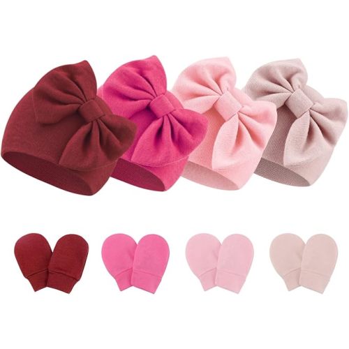 Newborn Baby Hats and Mittens Set Infant Bow Beanie Cap Toddler Gloves Newborn Hospital Hats for Baby Boy Girl 0-6 Months