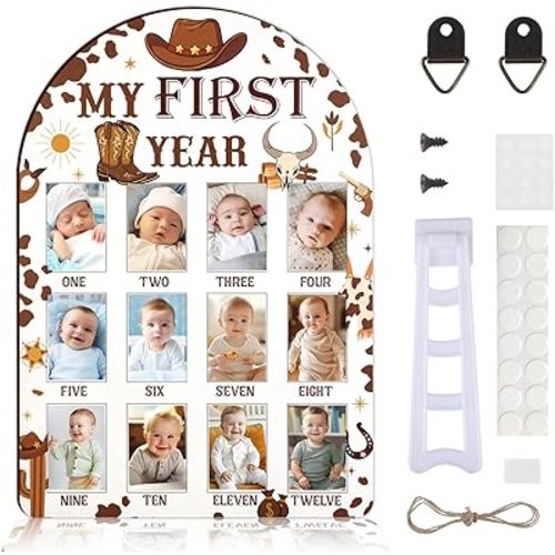 Western Cowboy My First Year Photo Frame, Baby's First Year Wooden Picture Frame Brown, Newborn 12 Months Milestone Memories Display Wood Board for 1st Birthday Decorations Keepsake Gift