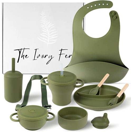 The Ivory Fern Silicone Baby Feeding Set,Baby Plates and Bowls Set, Bib, Convertible Drinking, Snack Cups, Feeding supplies