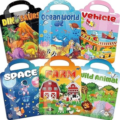 6Set Puffy Sticker Books for Kids 2-4, 3D Reusable Stickers Books for Toddlers 1-3,2-4,Farm+Animal+Dinosaurs+Ocean World+Space+Vehicle