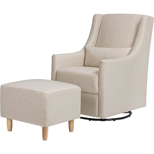 Babyletto Toco Upholstered Swivel Glider and Stationary Ottoman in Performance Beach Eco-Weave, Water Repellent & Stain Resistant, Greenguard Gold Certified