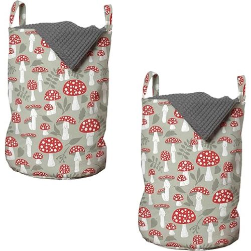 Ambesonne Cartoon Laundry Bag Pack of 2, Poisonous Amanita Mushroom Pattern with Foliage and Berry Silhouettes, Hamper Basket with Handles Drawstring Closure, 13" x 19", Pale Sage Green White