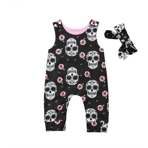 Newborn Baby Girls Boys Skull Floral Romper Jumpsuit Sleeveless Bodysuit Playsuit Headband Halloween Outfit