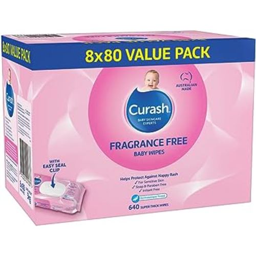 Curash Fragrance Free Baby Wipes - Ideal for Newborns - pH Balanced - For Sensitive Skin - Soap, Alcohol, Paraben & Irritant Free - Wet Wipes - Baby Essentials - 8 x 80 Value Pack, 640 Wipes : Amazon.com.au: Baby