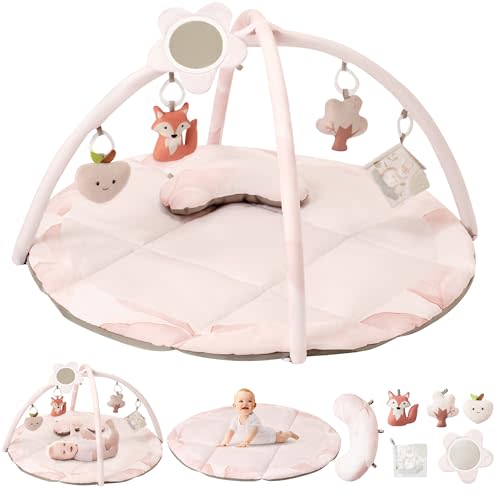 Fortella Baby Play Gym & Activity Mat, Tummy Time Mat w 5 Detachable Toys and Pillow, Large Sensory Playmat for Floor, Newborn Infant Baby Essentials Shower Gift 0-3-6-9-12 Months (Rose Pink)