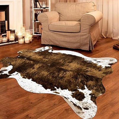 Large Faux Cowhide Rug 4.6x5.2ft Cow Print Rug Faux Animal Print Area Rug Cow Hide Carpet for Cowboy Cowgirl Bedroom Living Kids Room Office Table Wall Western Decor Mat, Brown