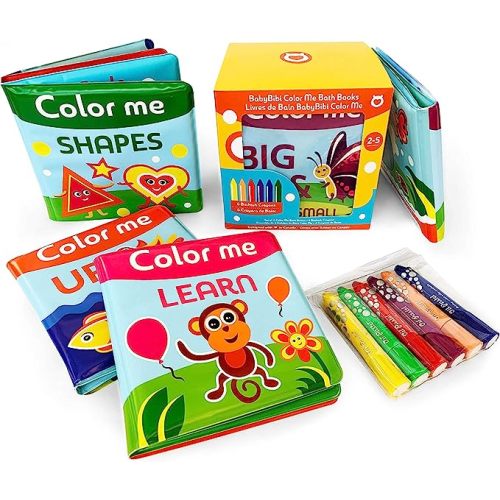 BabyBibi Color Me Bath Books Plus Crayons – Set of 4 Different Books – Includes 6 Washable Bath Crayons – Learn and Play Including Opposites and Shapes – Suitable for 2+
