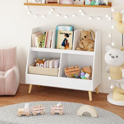 Kids Bookshelf and Toy Organizer, 5 Cubbies Wooden Open Bookcase, 2-Tier Baby Storage Display Organizer with Legs, Free Standing for Playing Room