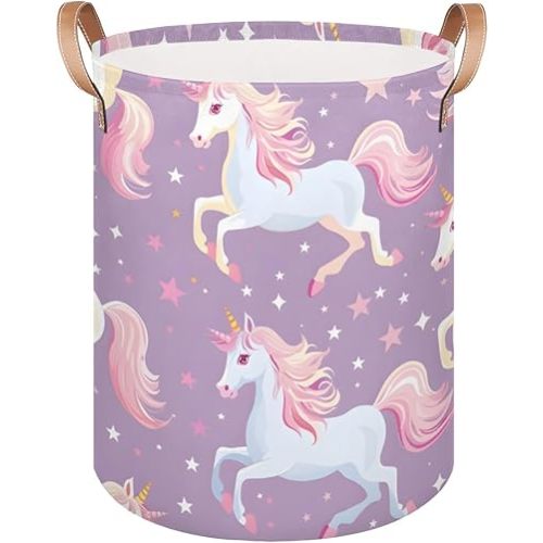 Cute Unicorn Large Laundry-Basket for Kids-Girls Collapsible Waterproof Laundry Hamper Baby Bedroom Nursery Decor Dirty Clothes Toys Storage Bin With Handles,Light Purple