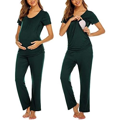 Ekouaer Women's Maternity Nursing Pajamas Set Breastfeeding Sleepwear Double Layer Short Sleeve Top & Pants Pregnancy PJS