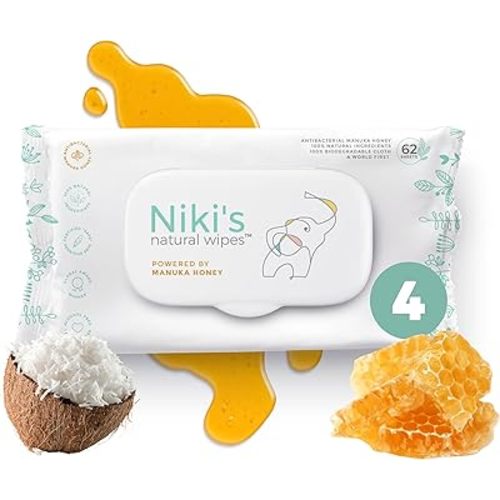 Niki's Natural Baby Wipes | Organic Baby Wipes Sensitive | Made with Manuka Honey and Coconut Oil, Unscented | EWG Verified | 248 Wipes (4 Pack x 62 Count Wipes)