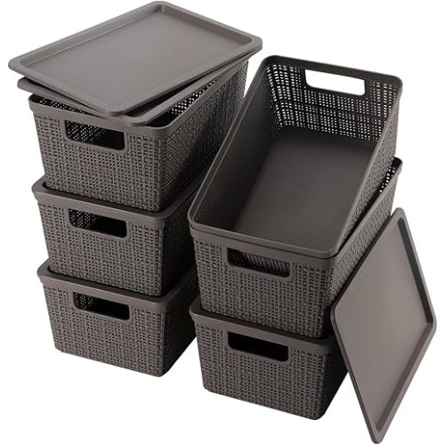 6 Pack Plastic Storage Baskets With Lids,Grey Breathable Stackable Storage Bins,Small Storage Containers,for Organizing Storage Baskets on Desktops,Closets,Playrooms,Classrooms,Offices