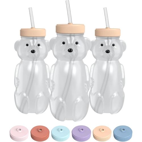 Honey Bear Straw Cup for Babies, 8-oz Honey Bear Cup with Lid, 3-Pack Therapy Learning Honeybear Straw, Baby Bottle Set, Creamsicle PEACH