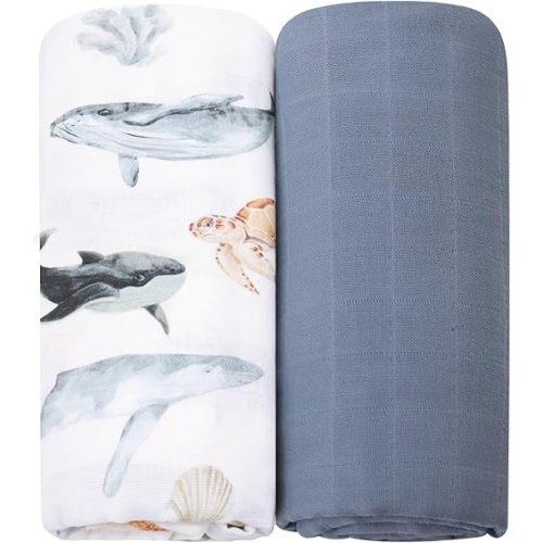 LifeTree Muslin Swaddle Blankets, Baby Swaddling Blanket for Boys Girls Neutral, Super Soft 100% Organic Cotton, Large 47" x 47", Sea Animals Whale & Solid Color, Newborn Baby Registry