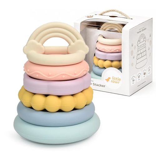 2-IN-1 Baby Stacking Rings & Teething Toys, Food Grade Silicone Montessori Stacking Toy for Babies 6-12 Months, Sensory Learning & Fine Motor Skills Toy, Baby Gift for Boys Girls (Rainbow)