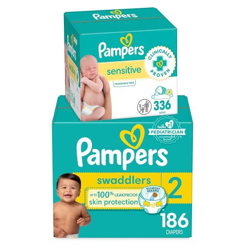 Diapers Size 2, 186 Count and Baby Wipes - Pampers Swaddlers Disposable Baby Diapers and Water Baby Wipes Sensitive Pop-Top Packs, 336 Count (Packaging May Vary)