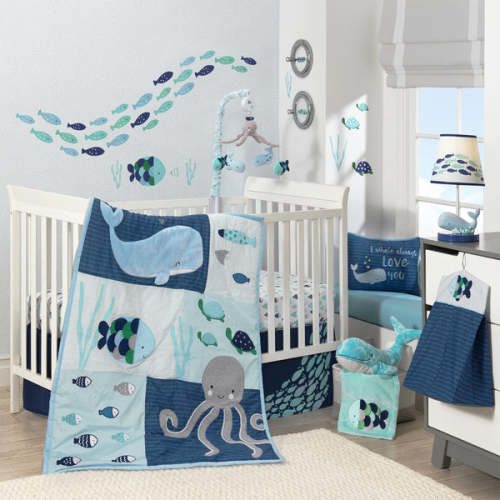 Oceania Blue/Gray/White Whale with Octopus and Fish Nautical Ocean 6-Piece Nursery Baby Crib Bedding Set – Lambs & Ivy