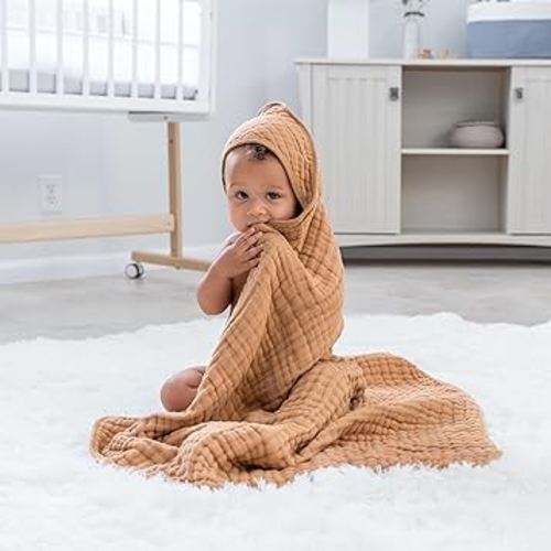 Comfy Cubs 2 Pack Baby Hooded 9 Layer Muslin Cotton Towel for Kids, Large 32” x 32”, Ultra Soft, Warm, and Absorbent Baby Essentials Bath Towels, Cute Unisex Cover for Girls and Boys (2 Pack, Caramel)
