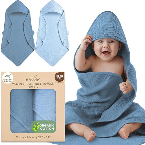 Organic Cotton Muslin Baby Hooded Towels - 32x32 Inch, 2 Pack Newborn Bath Towels for Boys & Girls, Soft & Absorbent Bath Set (Deep Blue/Aquarius)
