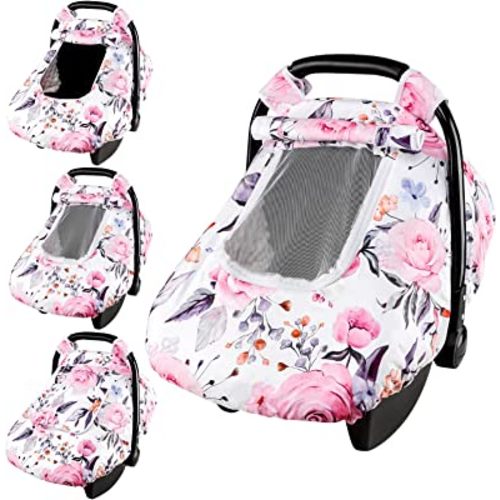 Floral Baby Carseat Cover Girls, Pea Pod Infant Car Seat Covers Canopy for Newborn with 2 Layers Windows of Breathable Mesh/Fabric, Lightweight Polyester/Minky Dot Backing, Snug Fit Most Baby Car Seat