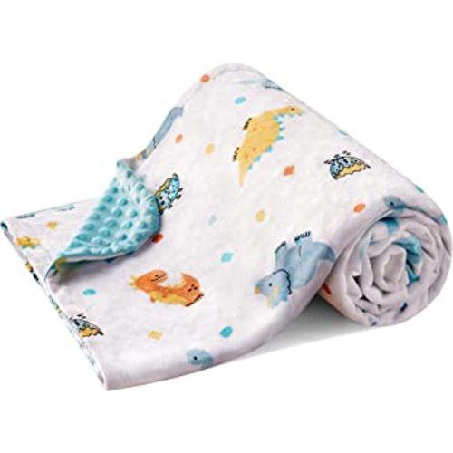 DaysU Silky Micro Soft Plush Baby Blankets for Boys with Print Animal Pattern and Soothing Raised Dots, Double Layer Bed Throws for Baby Crib, Dinosaur, Aqua Blue, 30x40 Inches