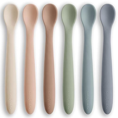 Comfy Cubs Silicone Baby Spoons Set 6-Pack, Sand 6.46 x 0.95 in – BPA Free, Soft Gum-Safe Toddler Eating Essentials – Lightweight & Flexible Baby Spoons, Dishwasher Safe, Fun Utensils for Babies