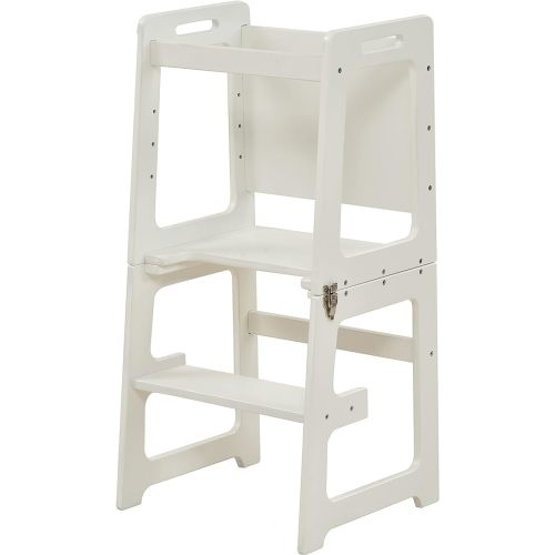 Avenlur Date 4-in-1 Foldable Kitchen Tower - Toddler Step Stool with Chalkboard, Desk Table and Chair - Waldorf and Montessori Kitchen Stool - Kitchen Stool Tower for Toddlers 18 Months to 6 Years - White